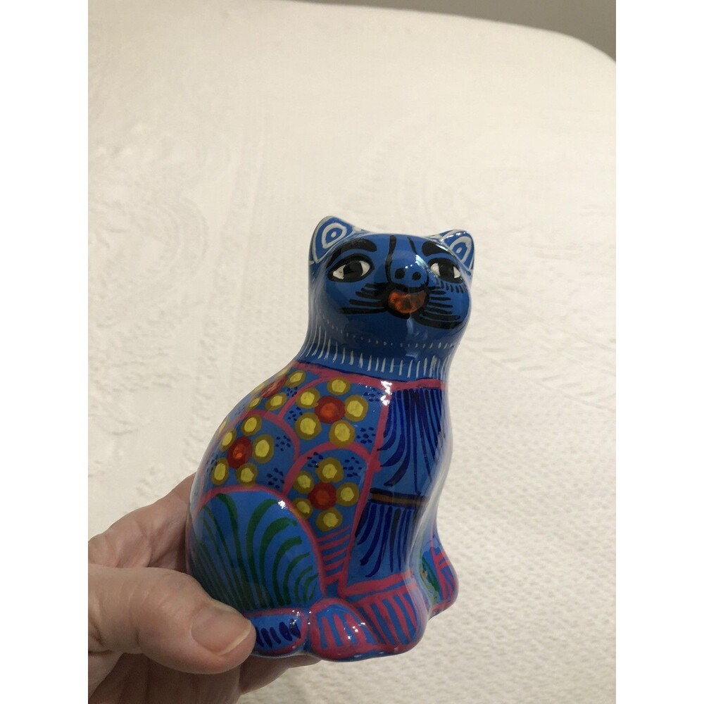 Mexican Ceramic Redware Cat Hand Painted Riviera Maya Mexico Flower Design